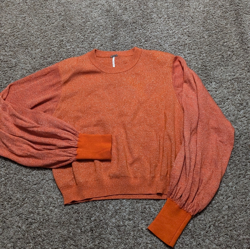 Free People Orange Shimmer Balloon-Sleeve Sweater
